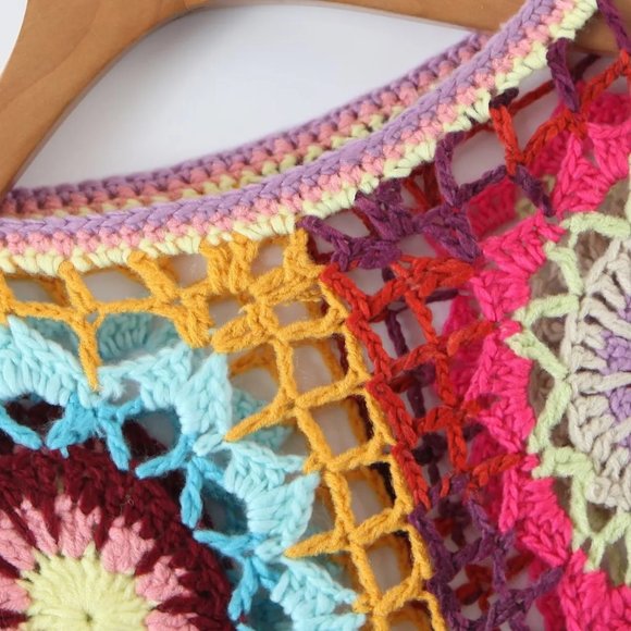 Bohemian Handmade Crochet Granny Square Long Sleeve Crew Neck Cute Summer Tops - Picture 4 of 5